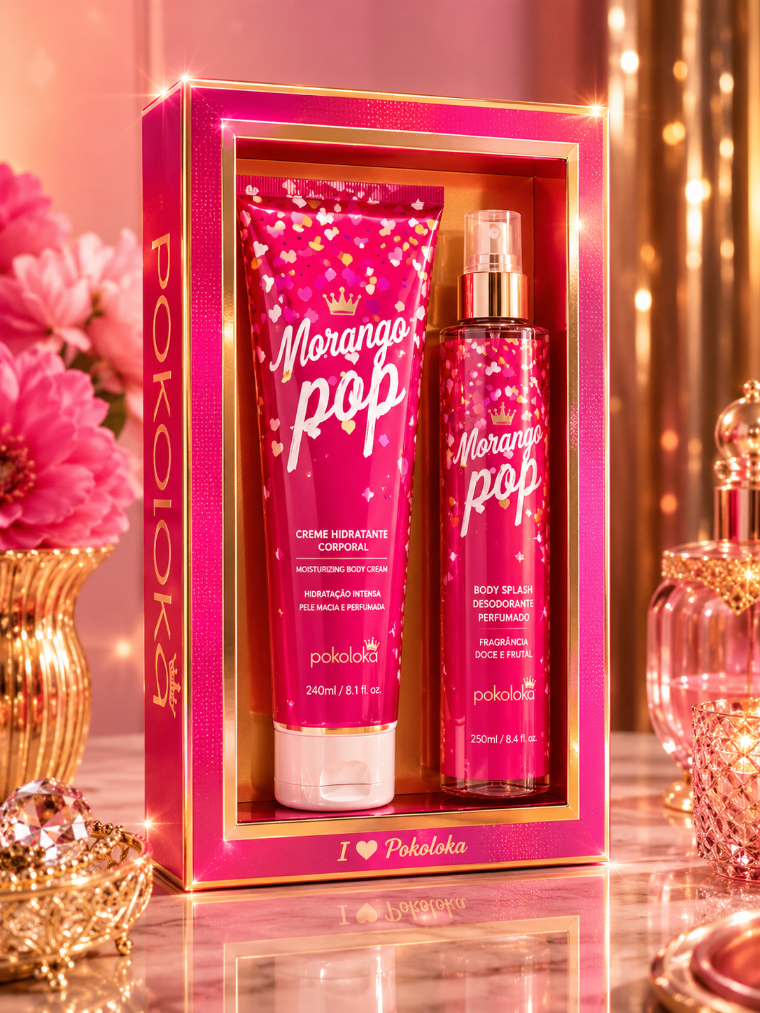 Kit Pokoloka Morango Pop Creme Hidratante 240ml + Desodorante Corporal Body Splash 250ml
